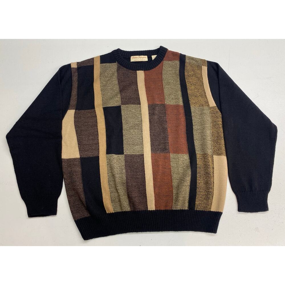 VTG Y2K Norm Thompson coogi style colorblock patchwork wool crewneck sweater XL
